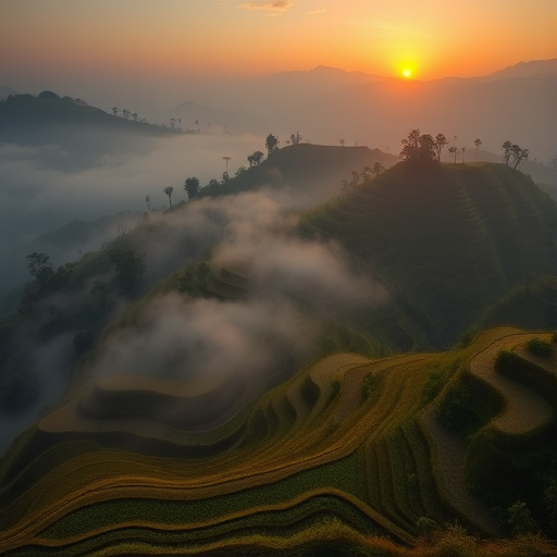 landscape of terraced rice fields shrouded in mist, captured at sunrise, using a full-frame DSLR camera with a 50mm lens, aperture f/8, ISO 200, shutter speed 1/250s, taken from a high vantage point for a sweeping view, in a vibrant and richly detailed style.
