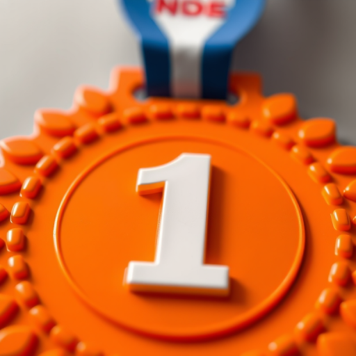 Create an illustration of a first place medal with a vibrant orange color, featuring a large white number one in the center, captured with a Canon EOS R5, aperture f/2.8, ISO 100, 50mm lens, in a close-up view with a shallow depth of field for emphasis on the medal's details.