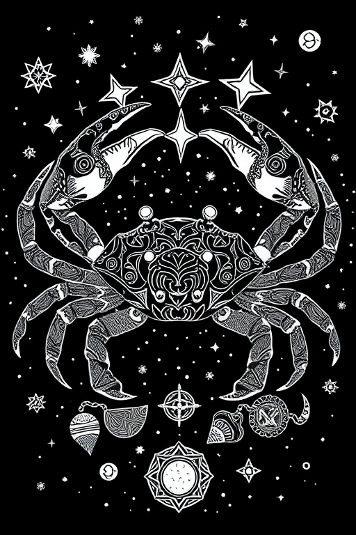 A detailed illustration of a crab surrounded by stars and cosmic elements, intricate line art style, high-resolution, shot with a Canon EOS R5, 50mm lens, f/1.8 aperture, ISO 100, studio lighting.