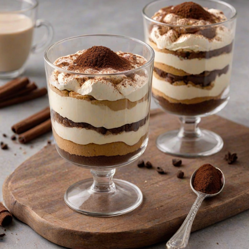 Generate an image of a delicious tiramisu dessert served in a clear glass. The layers of creamy mascarpone cheese and coffee-soaked ladyfingers are visible, with a dusting of cocoa powder on top. A spoon is lifting a portion of the dessert, showing its rich texture and appealing presentation. The background is simple and neutral to highlight the dessert.