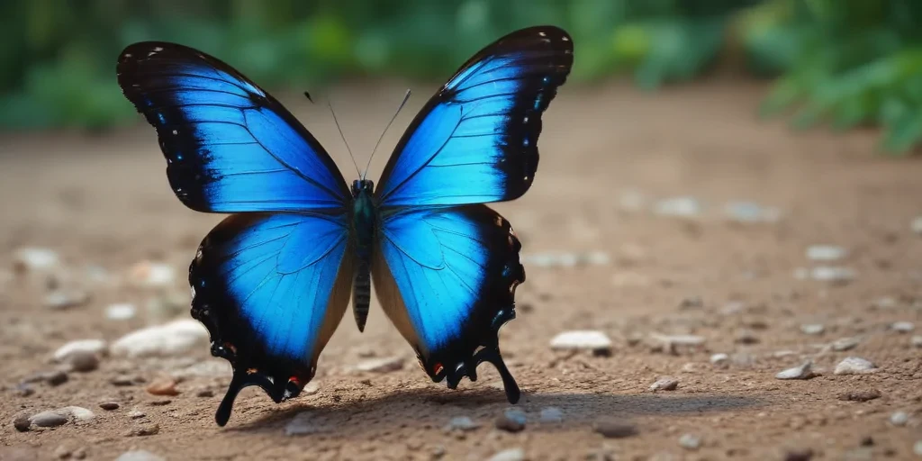 Vibrant Blue Butterfly Spreading Its Wings on a Sunlit Earthy Path