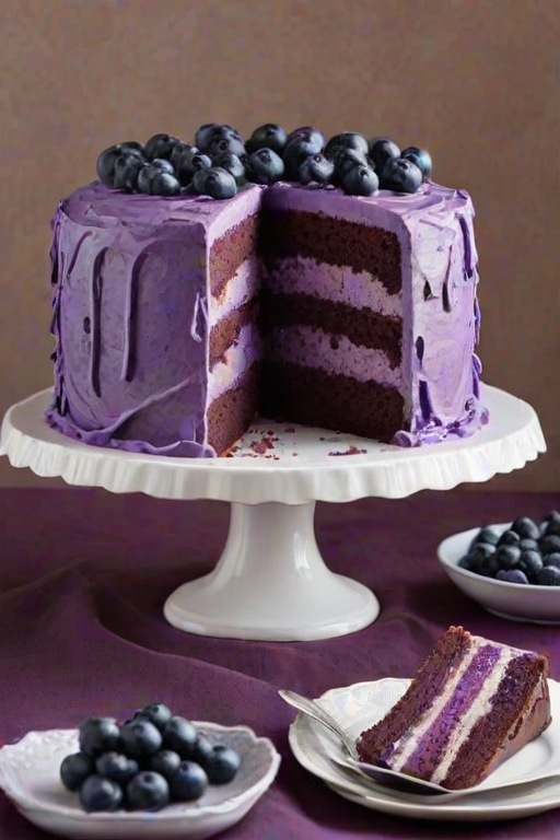 Create an image of a layered cake with rich purple frosting and a smooth texture. The cake should have three distinct layers, each with a moist and fluffy appearance. Decorate the top with swirls of frosting, a few blueberries, and a mint leaf for a pop of color. The focus should be on the cake's detail, showcasing its vibrant color and delicious layers.