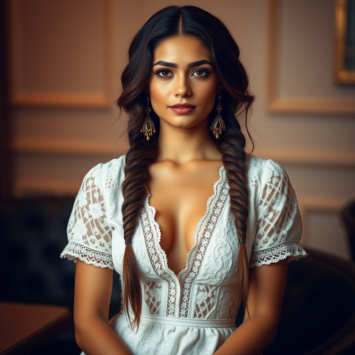 Create a portrait of a refined and elegant Tajik woman seated in a sophisticated setting. She has long, wavy hair styled in two thick braids that are pulled over her shoulders. She wears a white, lace gown with intricate patterns, featuring a deep V-neckline and short sleeves. The dress exudes a vintage charm with its delicate lacework. She is adorned with ornate, dangling earrings that add a touch of glamour to her appearance. The background is softly lit, with warm, ambient lighting that creates a cozy and inviting atmosphere. Her expression is poised and serene, capturing a sense of grace and elegance.