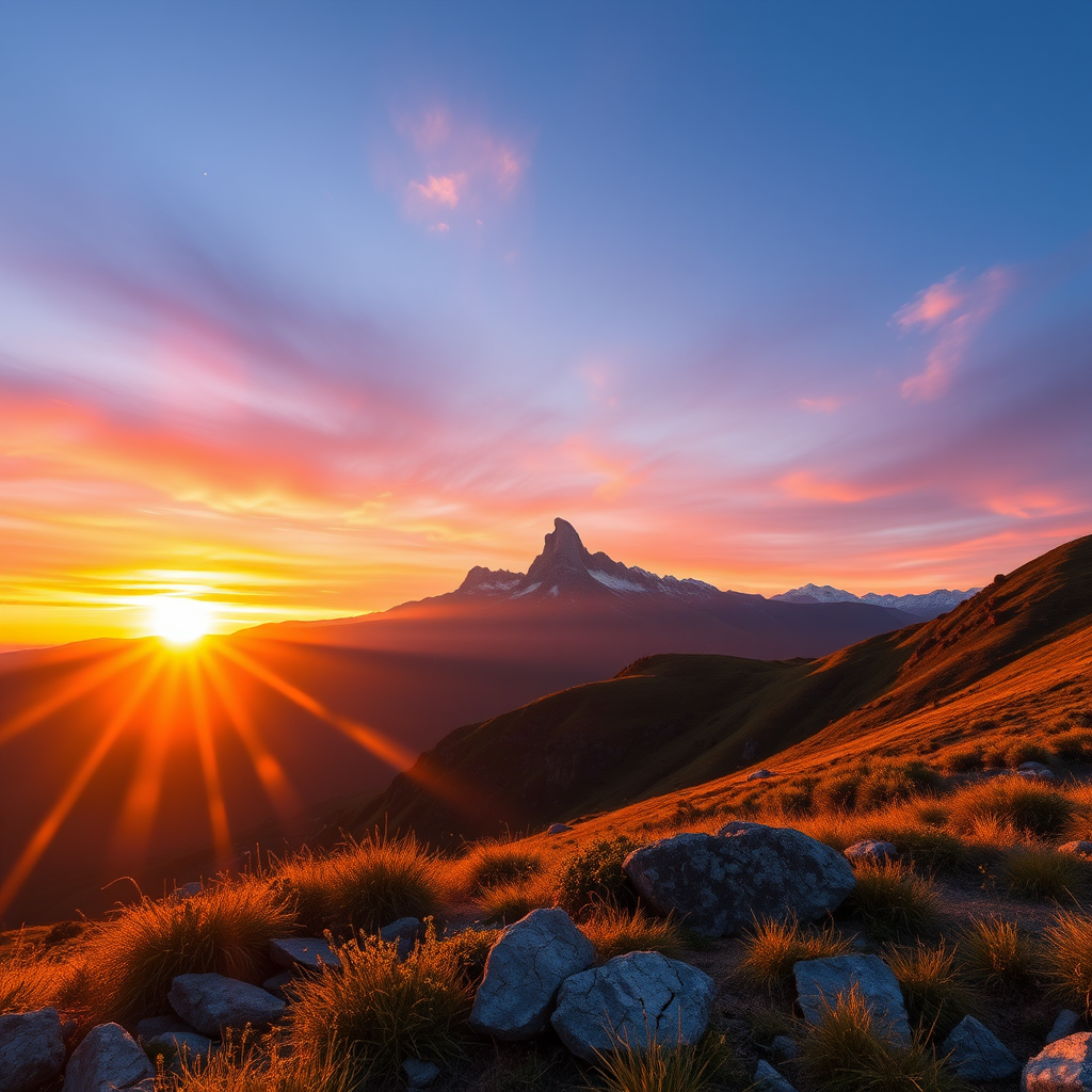Generate a high-resolution image of a scenic landscape featuring a sunset over a mountain range, use a Canon EOS 5D Mark IV, aperture f/8, ISO 100, 24mm focal length, in landscape orientation with vibrant colors and enhanced contrast.