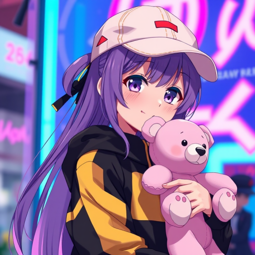 Create an image of an anime girl with long purple hair and a playful expression, wearing a black and yellow jacket and a cap, holding a pink teddy bear, set against a vibrant background with electric blue and pink colors, shot with a Canon EOS R5 at f/1.8, ISO 100, 50mm lens, in soft focus style to enhance the colors and details.