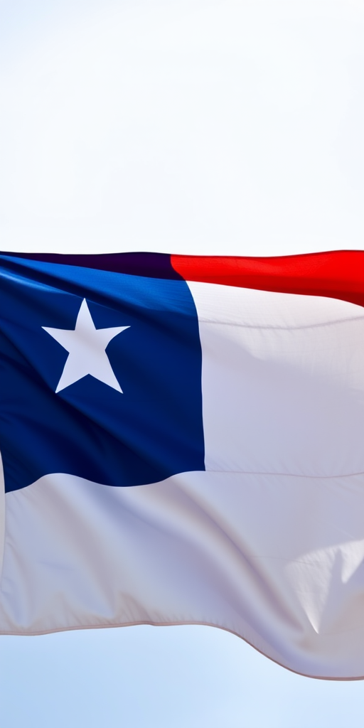 Create a high-resolution image of the Chilean flag, using a DSLR camera with a 50mm lens, aperture set to f/8, ISO 100, shot from a frontal view and with natural lighting to enhance color vibrancy and detail.