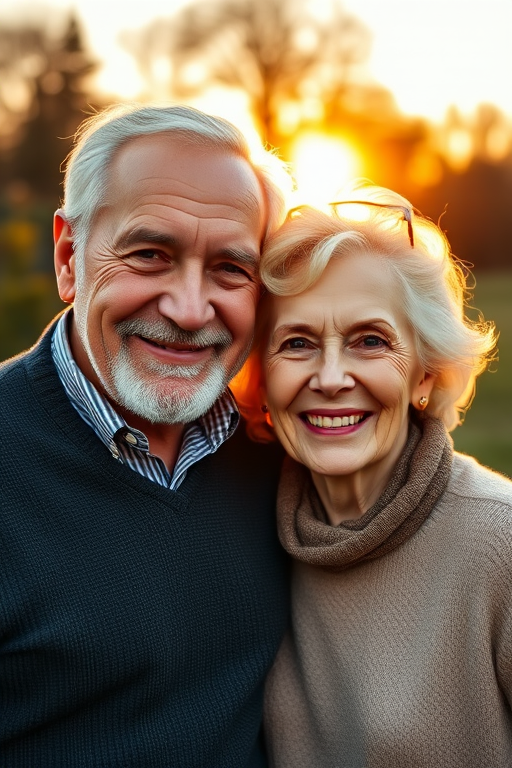 portrait of an elderly couple smiling together outdoors during golden hour, shallow depth of field, f/2.8, 50mm lens, ISO 200, soft natural lighting, DSLR camera, eye-level view
