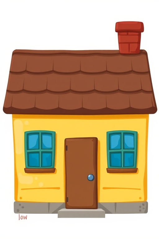 Generate a high-quality illustration of a simple cartoon house with a yellow exterior, a brown roof, two blue windows, and a brown door, using a digital painting style, soft lighting, 50mm lens, f/2.8 aperture, and 300 dpi resolution.