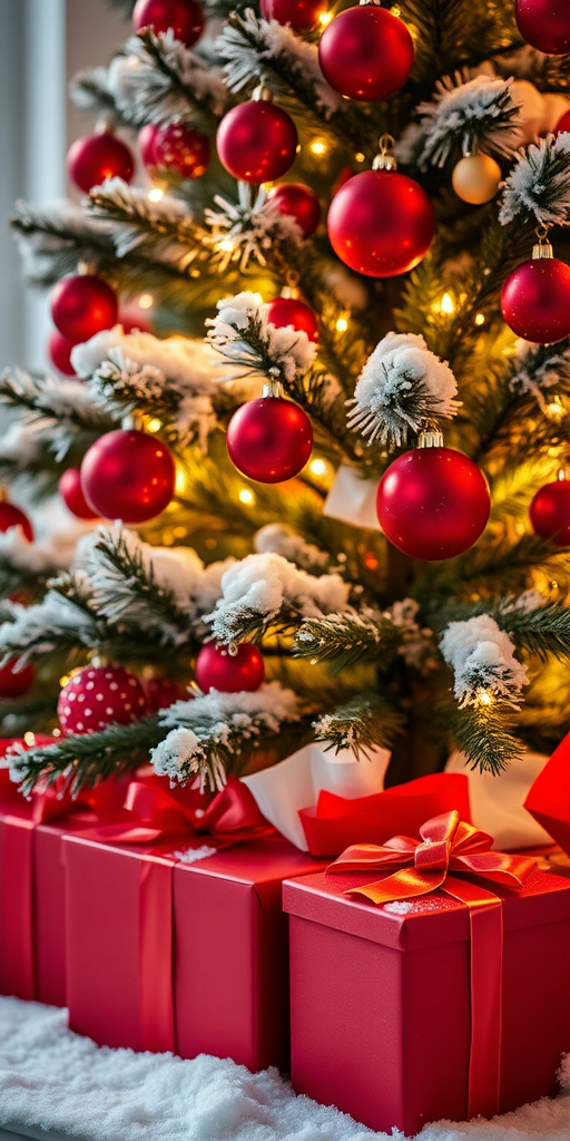 close-up shot of a beautifully decorated Christmas tree with red ornaments and sparkling lights, vibrant red gift boxes with elegant bows under the tree, soft snow covering the ground, taken with a DSLR camera at f/2.8, ISO 200, 50mm lens, natural light, shallow depth of field for enhanced background blur