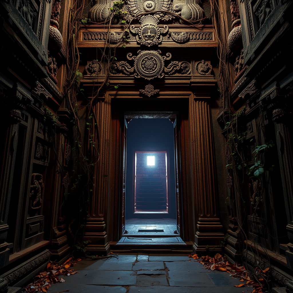 dimly lit ancient temple entrance surrounded by ornate stone carvings and tangled vines with a mystical glow emanating from the doorway, captured with a Canon EOS R5, 24mm f/1.4 lens, ISO 800, aperture f/4, shutter speed 1/60s, cinematic lighting, wide-angle view