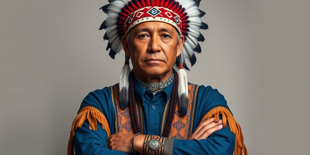 Create a dignified portrait of a Native American man dressed in traditional attire. He wears a beautifully crafted headdress adorned with white feathers and red beads, along with a beaded headband featuring intricate patterns. His clothing includes a deep blue, patterned shirt and a traditional chest piece with detailed beadwork. His arms are crossed, displaying leather armbands decorated with feathers. The background is simple and neutral, emphasizing his proud and stoic expression. The overall image captures the rich cultural heritage and strength of his persona.