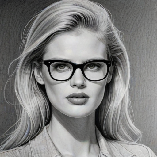 Superb Lara Stone, pencil sketch, portrait of Splendid woman 1967s in glasses, hair style beatnik, outline, clear lines, fine lines, 8k