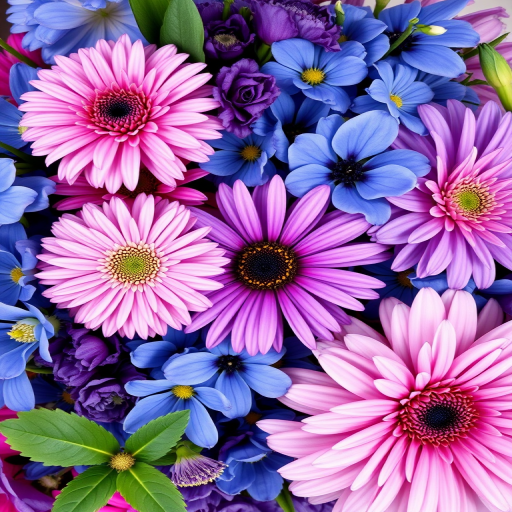 Create a vibrant floral arrangement with a focus on blue, purple, and pink flowers, shot with a DSLR camera at f/2.8 aperture, ISO 100, 50mm lens, top-down view, natural light, with an emphasis on sharpness and color saturation.