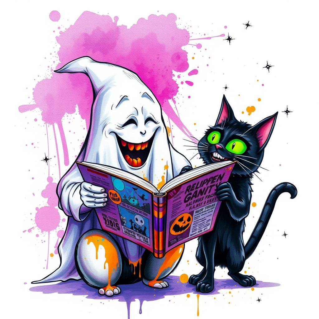 Image of a ghost and a black cat laughing exaggeratedly , and reading a comic halloween comic book, alcohol ink airbrush style, funny halloween theme, white background with neon purple, neon orange, neon green splash, black sparkles stars , dazzling BG