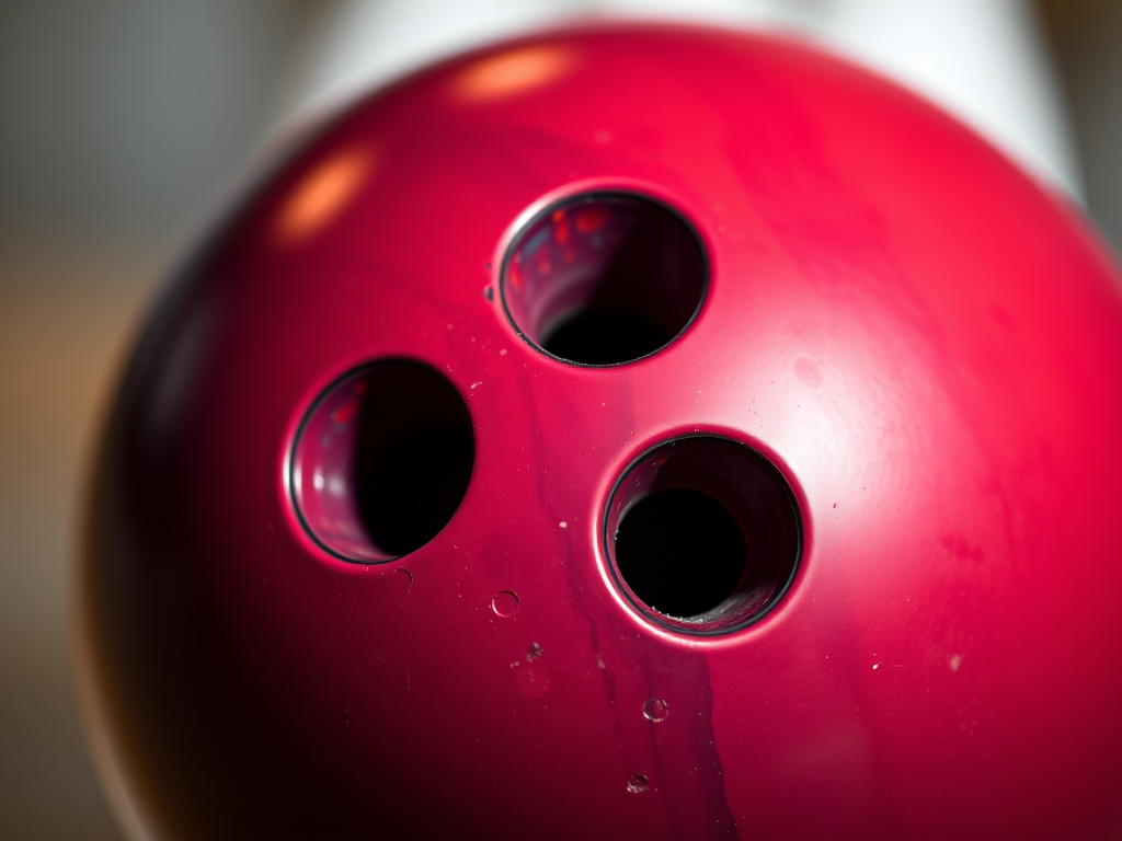 Generate a high-resolution image of a bowling ball with three holes, captured in a close-up view with a shallow depth of field, using a DSLR camera with a 50mm lens at f/1.8, ISO 200, and a soft, diffused lighting setup for smooth gradients.