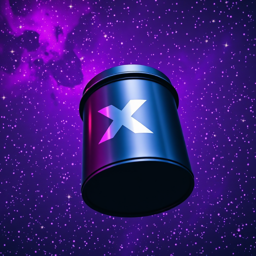 Create an image of a sleek, metallic container with an "X" logo, floating in a vibrant purple galaxy filled with stars, using a DSLR camera set to f/2.8 aperture, 1/100s shutter speed, and ISO 200, captured with a wide-angle lens at a low angle for a dramatic effect.