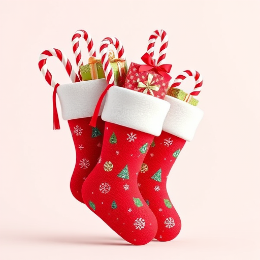 Create a high-resolution 3D rendering of three Christmas stockings filled with candy canes and gifts, with a clean background, using a 50mm lens at f/1.8, ISO 100, and a warm color palette for a festive atmosphere.