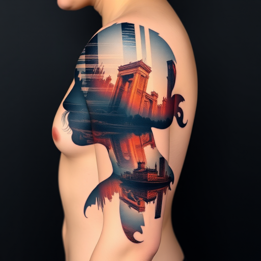 Surreal double exposure tattoo blending natural and urban landscapes within a human silhouette, seamless transition between contrasting elements, dreamy and thought-provoking visual narrative