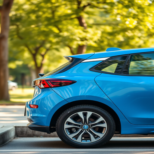 Regenerate an image of a blue electric car parked on a street, ensure bright natural lighting, with a depth of field focusing on the car while blurring the background, use a DSLR camera with a 50mm lens, aperture set to f/2.8, ISO 100, and a shutter speed of 1/200 sec.