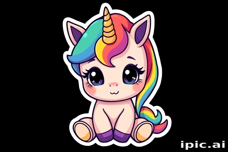 sticker design, black background, rainbow baby unicorn, cartoon figure, expressive big pupils, innocent expression, vibrant colors, very cute, long eyelashes, sitting on the ground, baby small body, baby head
