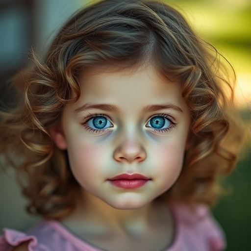 Create a portrait of a young girl with striking blue eyes and curly hair, captured in soft natural light with a shallow depth of field at f/1.8, ISO 100, and a focal length of 50mm, using a DSLR camera with a portrait lens to enhance image quality and detail, set against a blurred, dreamy background.