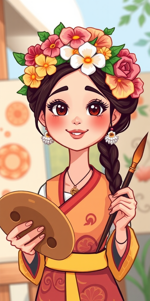 Create a vibrant cartoon-style illustration of a female artist with a floral headpiece, holding a palette and a brush, wearing traditional dress, shot with a DSLR camera at f/2.8 aperture, 50mm lens, with natural lighting and a shallow depth of field.