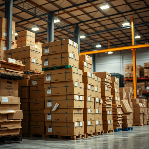 A well-lit warehouse scene featuring a neatly stacked pile of cardboard boxes, captured with a DSLR camera at f/8, ISO 100, 1/125 sec, using a wide-angle lens from a slightly elevated angle to showcase depth and detail.