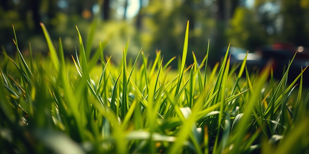 generate a detailed illustration of lush green grass in a vibrant natural setting with a shallow depth of field, captured with a DSLR camera at f/2.8, ISO 100, 50mm lens, shot from a low angle perspective to emphasize texture and depth.