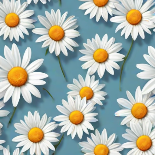 Create a seamless pattern of white daisies with yellow centers on a light blue background.