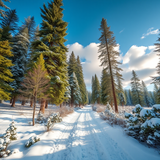 generate a high-resolution winter landscape image featuring a snowy forest trail surrounded by tall evergreen trees, bright blue sky with fluffy clouds, captured with a Canon EOS R5 at 24mm f/8 ISO 100, using a wide-angle lens and natural lighting for enhanced detail and vibrant colors