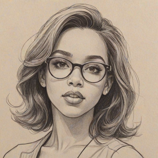 Alluring Tinashe, pencil sketch, portrait of Alluring woman 1962s in glasses, hair style beatnik, outline, clear lines, fine lines, 8k