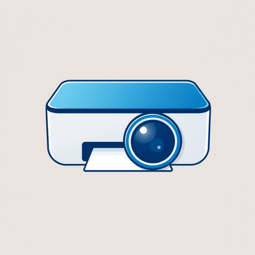 Design a minimalist printer icon with blue and white colors, 300 DPI resolution, 50mm focal length, ISO 200, front view, digital art style, using a DSLR camera.