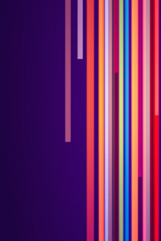 Create a vibrant, abstract digital art piece featuring vertical stripes in various colors on a deep purple background, using a Canon EOS R5 with a 50mm f/1.2 lens, ISO 100, aperture f/8, shutter speed 1/200s, shot from a slightly elevated angle for depth and a clean bokeh effect.