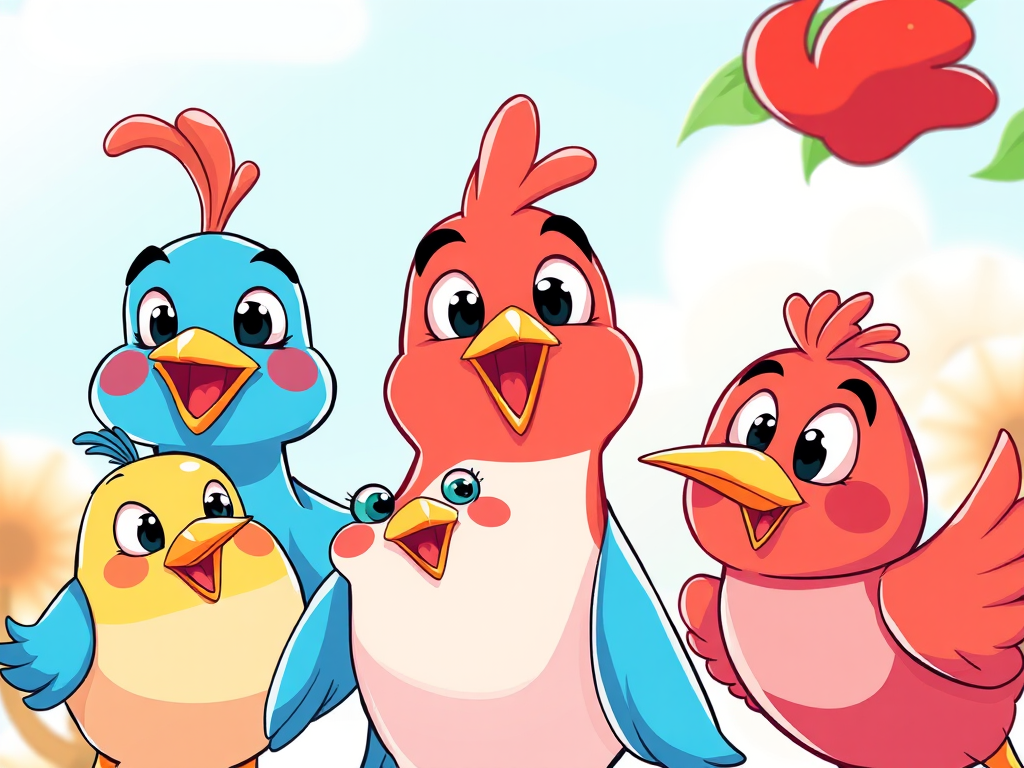 Create a bright and colorful illustration of cartoon birds with cheerful expressions, using a 50mm lens at f/2.8, capturing from a slightly elevated angle, in a vector art style, ensuring high resolution for sharp details and vibrant colors.