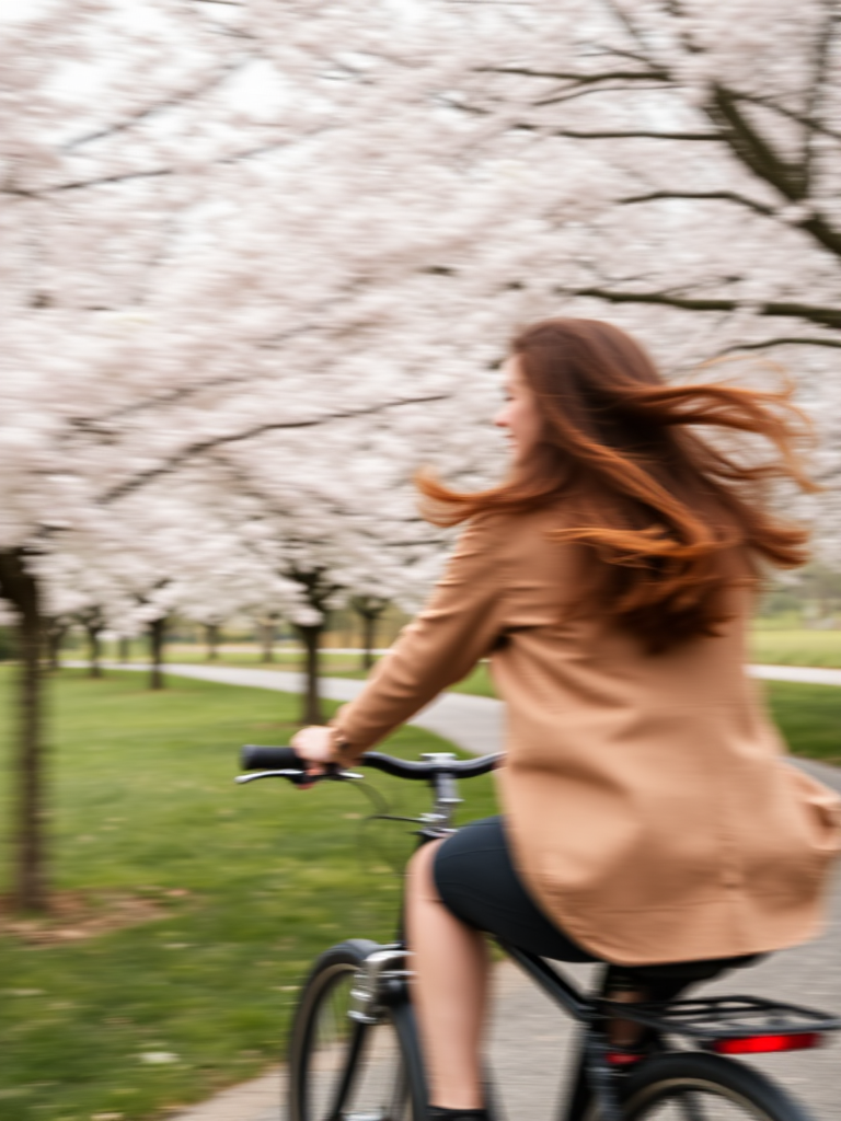 Blurry action shot of a woman riding a bicycle through a scenic park, her hair blowing in the wind, with blooming cherry blossom trees lining the path in soft focus.
