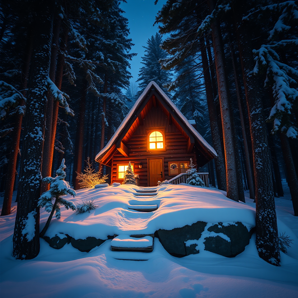 a cozy, whimsical cottage in a snowy forest at night, soft glowing light from windows, snowflakes gently falling, surrounded by dark, tall trees, wide-angle view, f/2.8 aperture, ISO 100, 24mm lens, DSLR camera, vibrant color saturation and high dynamic range