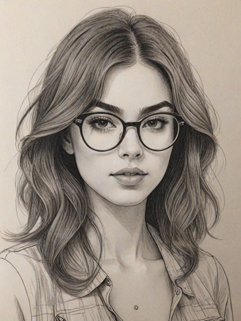 Graceful Charlie XCX, pencil sketch, portrait of Attractive woman 1972s in glasses, hair style beatnik, outline, clear lines, fine lines, 8k