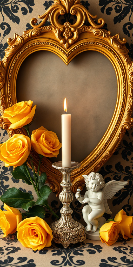 Create a vintage-inspired still life featuring a heart-shaped ornate golden frame, lush golden roses, a decorative candle holder with a candle, and a cherub statue, surrounded by intricate dark floral patterns; camera settings: aperture f/2.8, shutter speed 1/60s, ISO 100; camera view: close-up; camera style: artistic; camera type: DSLR.