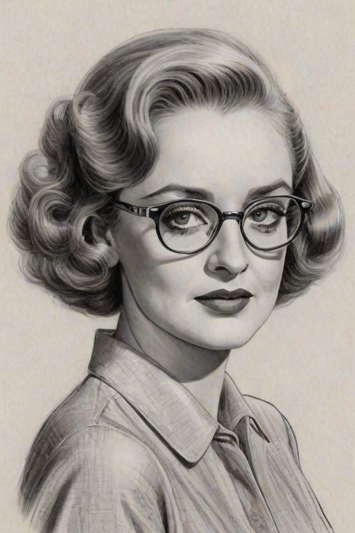 Beautiful Bette Davis, pencil sketch, portrait of beautiful woman 60s in glasses, hair style beatnik, outline, clear lines, fine lines, 8k