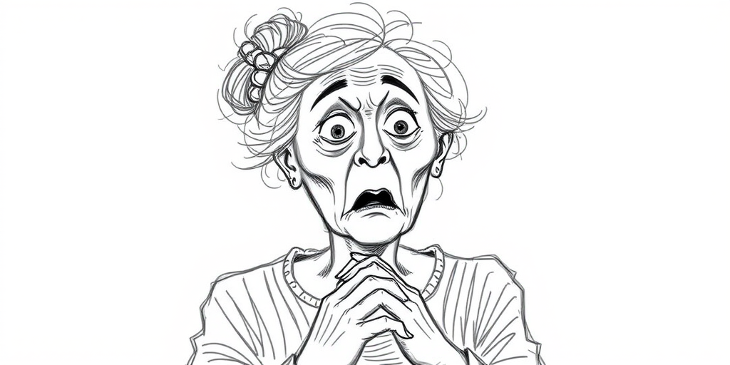 scribbly unfinished sketch, old lady with messy gray hair in a loose bun, surprised expression, mouth open, hands clasped together in front of her chest. Her eyes are wide, eyebrows are furrowed. vibe of shock or surprise.