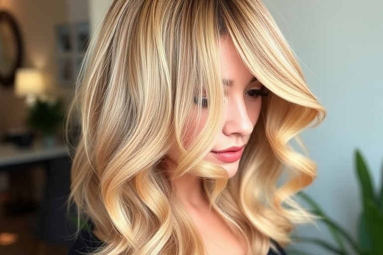 Lustrous honey blonde locks styled in a classic Hollywood wave, accentuated by a single streak of rose gold that adds a touch of modern glamour to the timeless look.