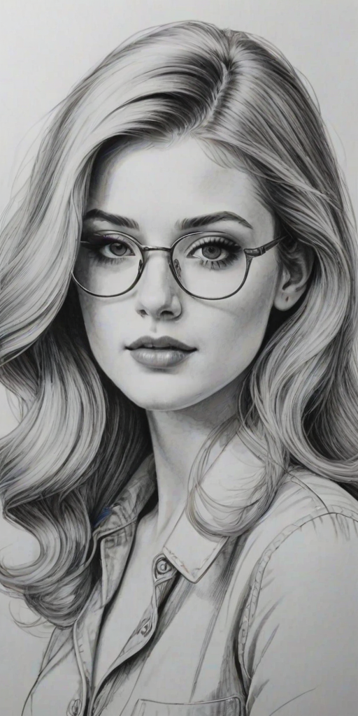 Enchanting Katherine McNamara, pencil sketch, portrait of Lovely woman 1941s in glasses, hair style beatnik, outline, clear lines, fine lines, 8k