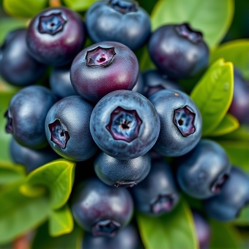 Generate an image of a cluster of vibrant blueberries with glossy surfaces, surrounded by green leaves, captured with a DSLR camera, aperture set at f/2.8, ISO 100, and focal length of 50mm, using a macro lens to enhance detail and depth of field.
