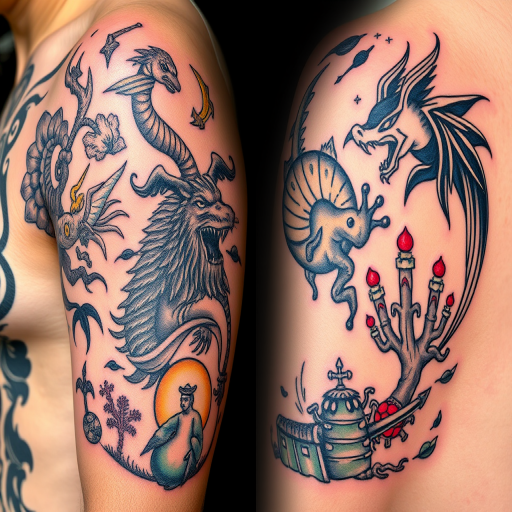 Illustrative tattoo called "Folklore Fusion" combining elements from various cultural myths and legends in a storybook-like style, with soft shading and a mix of color and black ink