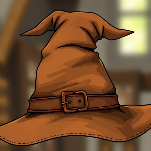 Create a detailed illustration of a brown wizard hat with a wide brim and a buckle, captured with a DSLR camera at f/2.8, ISO 100, 50mm lens, with a shallow depth of field and soft background blur for enhanced image quality.