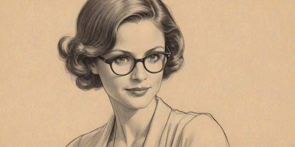 Charming Andrea Savage, pencil sketch, portrait of Elegant woman 1935s in glasses, hair style beatnik, outline, clear lines, fine lines, 8k