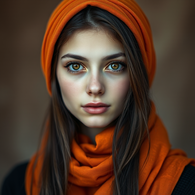 Create a portrait of a young Caucasian woman with long, dark hair and captivating hazel eyes. She is wearing a orange headscarf and a matching scarf draped gracefully around her neck. The background is softly blurred, focusing attention on her serene and natural expression. The overall color palette is muted and warm, enhancing the intimate and authentic feel of the portrait.