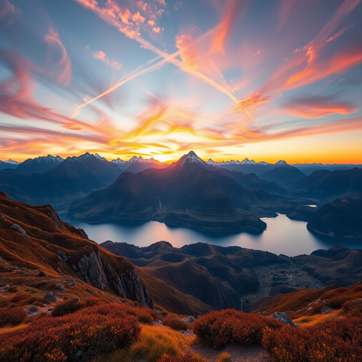 Generate a high-resolution image of a serene landscape featuring mountains and a lake during sunset, using a Canon EOS R5 with a 24-70mm f/2.8 lens, aperture f/8, ISO 100, shutter speed 1/125s, shot in a wide-angle view to capture the vastness of the scene, with vibrant colors and sharp details.