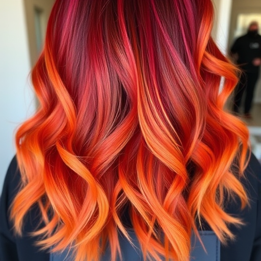 Fiery ombre locks transitioning from deep crimson roots to blazing orange tips, Phoenix's hair radiates warmth and intensity, with subtle waves adding movement and depth to the striking color palette