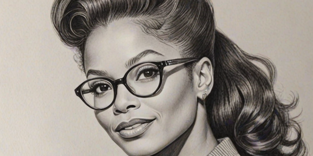 Splendid Janet Jackson, pencil sketch, portrait of Delightful woman 1940s in glasses, hair style beatnik, outline, clear lines, fine lines, 8k